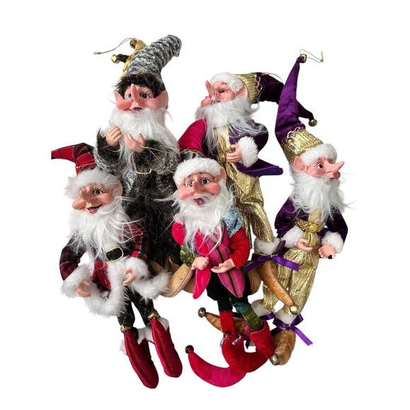 Set Of 5 Whimsical Elves Gnomes Ornaments Tall Christmas Figures Holiday Decor - Picture 1 of 6